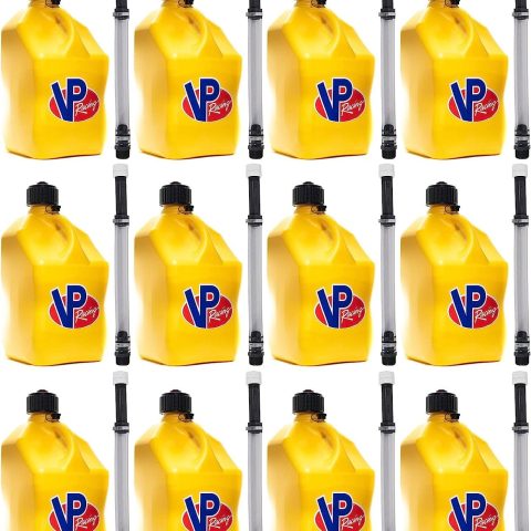 VP Racing 5.5-Gallon Square Motorsport Racing Utility Liquid Fuel Container Jug and 14 In Deluxe Hose Kit and Multipurpose Cap, Yellow 12 Pack