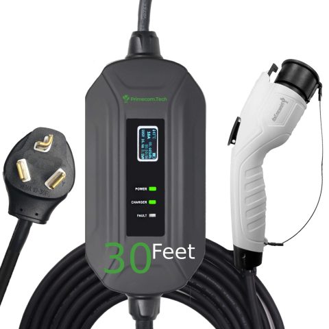 PRIMECOM Level 2 Electric Vehicle (EV) Charger (220V / 240Volt, 16Amp) Portable EVSE Smart Electric Car Charger, 30', 40', and 50 Feet Lengths (30 Feet, 10-30P)