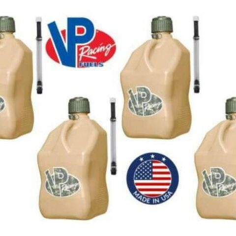 VP Racing Fuels 5 Gallon Square Tactical Tan Racing Utility Jug, 4 Tactical Tan Jugs with 4 Deluxe Filler Hoses