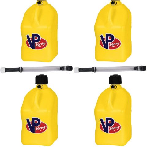 VP Racing Fuels Motorsport 5 Gallon Square Plastic Utility Jug Yellow 2/ 14 Inch Hose 4 Pack Features Close-Trimmed Cap and Neck for Tight Seal