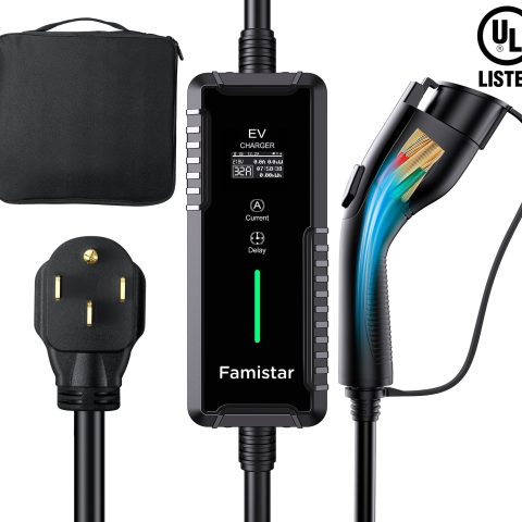 Famistar 32 Amp Level 2 EV Charger - 25 Ft Portable Charger with NEMA 14-50P 240V J1772 Charging Cable Adjustable&Smart Timing Charging in EV Charging Station