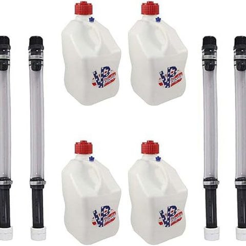 VP Racing Fuels 5 Gallon Square Motorsport Patriotic Racing Utility Container w/ Deluxe Filler Hose (4 Pack) Close-Trimmed Cap and Neck for Tight Seal