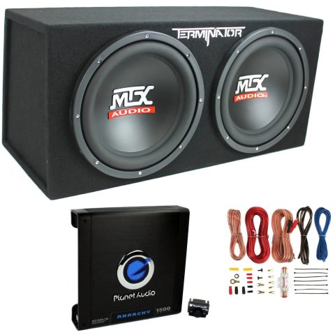 MTX TNE212D 12" 1200W Dual Loaded Car Subwoofers + Box + Planet 1500W Amp + Kit