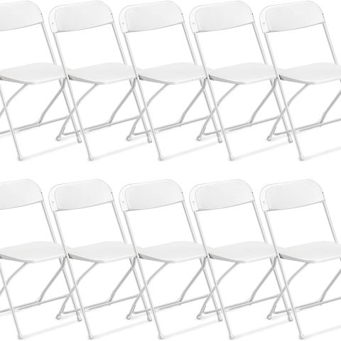 VINGLI 10 Pack White Plastic Folding Chair， Indoor Outdoor Portable Stackable Commercial Seat with Steel Frame 350lb. Capacity for Events Office Wedding Party Picnic Kitchen Dining