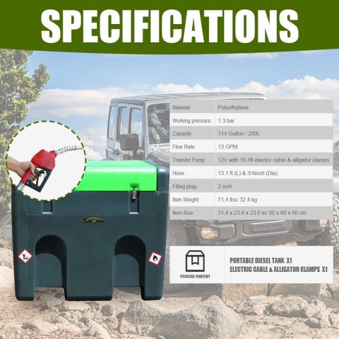 HPDAVV Portable Diesel Fuel Storage Tank 114-Gallon Capacity Set 13 GPM High-Flow Pump with Electric Cable & Alligator Clamps