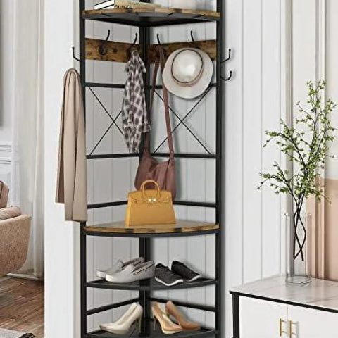 YOPCTUO 3-in-1 Entryway Coat Rack Industrial Hall Tree Corner Cloth Rack with Bench Hallway Coat and Shoe Rack for Corner Entryway Organizer with Metal Shoe for Hallway Corner Entran