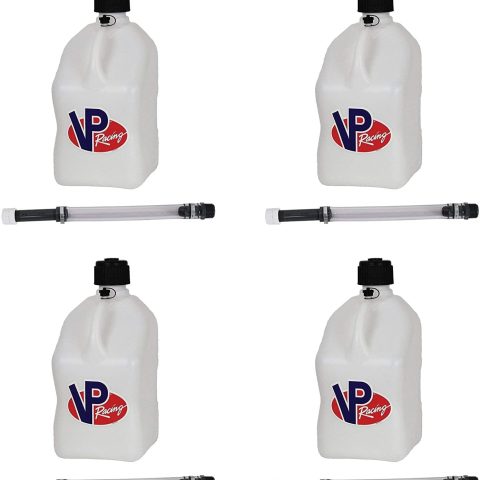 VP Racing Fuels Motorsport 5 Gallon Square Plastic Utility Jug White w/ 14 Inch Hose 4 Pack Features Close-Trimmed Cap and Neck for Tight Seal
