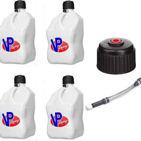 VP Racing 3522 3044 3042 Set of 4 White 5 Gallon Motorsport Jugs with Replacement Cap and Deluxe Filler Hose