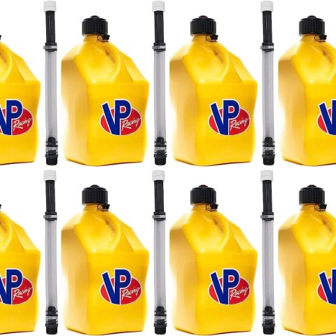 VP Racing 5.5-Gallon Square Motorsport Racing Utility Liquid Fuel Container Jug and 14 In Deluxe Hose Kit and Multipurpose Cap, Yellow 8 Pack